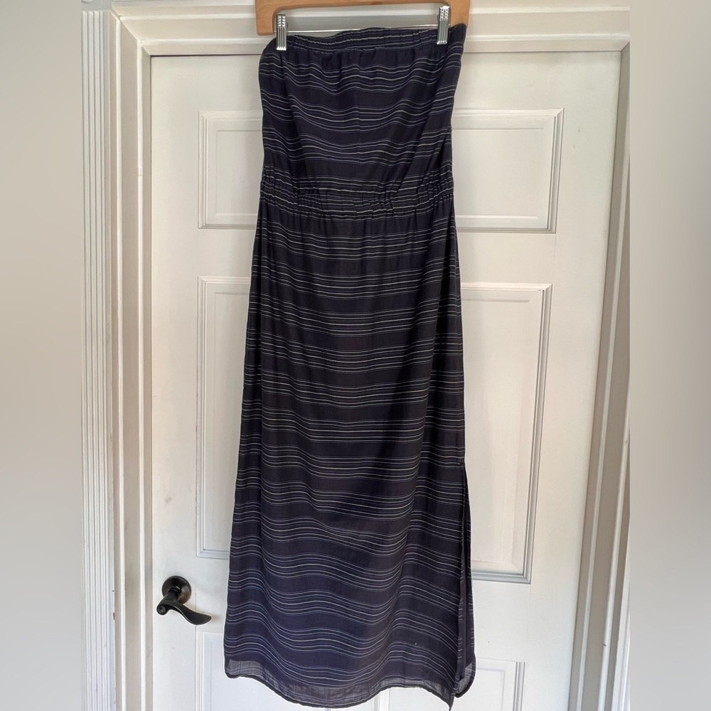 Theory Strapless Nautical Navy Stripe Maxi Dress Size 6 $230 Rare!! Side slit - Picture 1 of 12